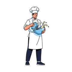 Professional male chef in a white uniform and toque hat using an electric hand mixer to whisk ingredients in a blue bowl, creating splashes.