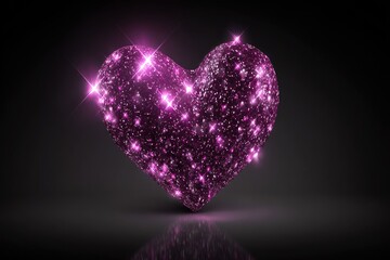 Glittering pink heart on dark background, reflecting light