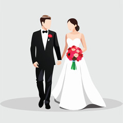 Elegant Wedding Day Illustration A Stylish Couple Joining Hands and a Beautiful Bride with a Bouquet
