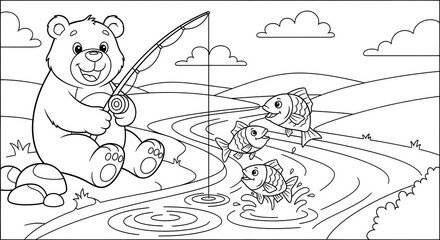 Obraz premium A cute cartoon teddy bear fishing in a river, with fish jumping out of the water. A black and white coloring book page for children