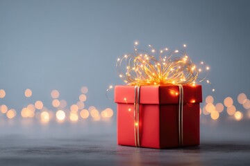Red gift box with gold string lights on gray background