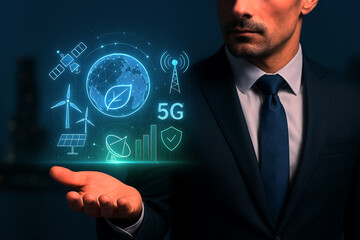 Businessman presenting holographic icons of sustainability, 5G, and smart tech—symbolizing digital transformation, eco-conscious innovation, and global connectivity.