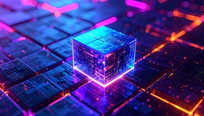 A glowing cube in a matrix of circuitry