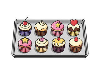 A tray of eight decorated cupcakes with various toppings and frosting.