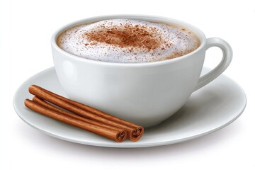 Fototapeta premium A cappuccino in a white mug, topped with cinnamon, rests on a saucer with cinnamon sticks