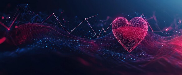 Low poly heart beat 3D wave on dark background. Abstract heartbeat or cardiogram in form of line, dot and polygon. Digital music sound 3D network. Futuristic wireframe curve of cardiology rhythm.