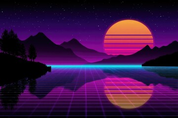 Retro sunset over tranquil lake and mountains, reflected in gridded waters