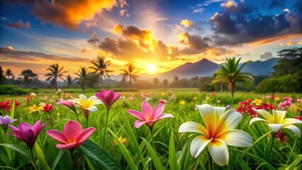 Fototapeta premium Colorful tropical flowers blooming in a lush green meadow at sunrise