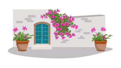 Fototapeta premium Charming mediterranean scene with flowers in pots and a blue door summer vacation illustration