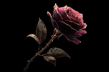 Dark rose with gold accents against black background