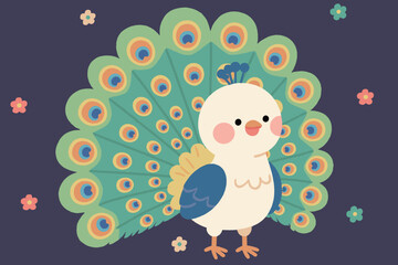 Colorful Peacock Displaying Tail Feathers in Cartoon Style