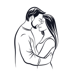 Passionate Embrace A Black and White Illustration of a Romantic Couple Sharing an Intimate Moment