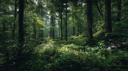 Obraz premium High-resolution lush summer forest images: vibrant green trees, dense foliage, perfect for print and web.