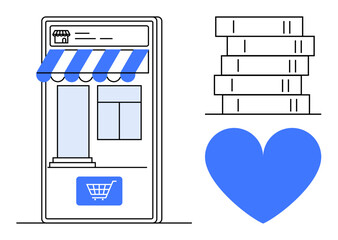 Smartphone with storefront, shopping cart icon, book stack, and heart. Ideal for e-commerce, local businesses, online shopping, education, digital platforms retail promotion simple landing page