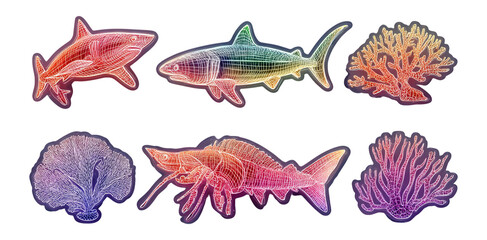 Naklejka premium Vibrant Illustration of Marine Animals and Coral on Transparent Background