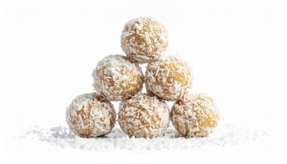 A pyramid stack of healthy raw energy balls covered in desiccated coconut, isolated on a white background.