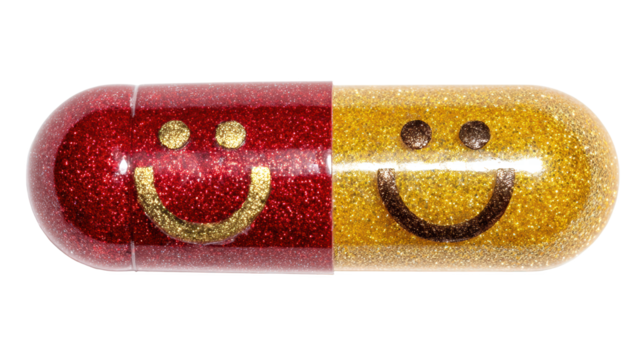 Glittery Capsule Split Red Gold Halves Smiley Faces White Background Luxury Therapy