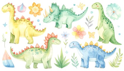 Naklejka premium Cute dinosaurs and flowers