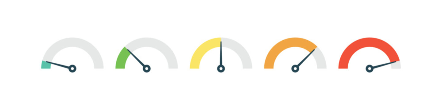 A colorful vector set of speedometer and gauge icons. Great for performance indicators, progress levels, and data dashboards in UI/UX design