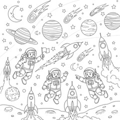 Obraz premium Astronauts and rockets explore the cosmos with planets and stars in this delightful outer space coloring page