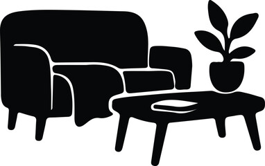 Fototapeta premium Illustrator Vector Living room furniture with armchair and plant silhouette