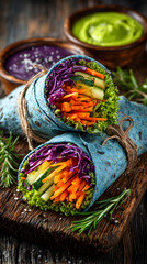Fototapeta premium Two blue vegetable wraps with colorful fillings on a wooden board, alongside two small bowls of dipping sauces.