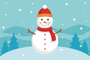 Cute snowman with red Santa hat and scarf smiling in the winter snow. Happy Christmas character illustration for holiday greeting card vector