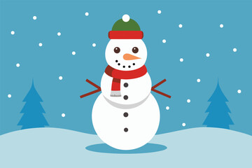 Cute snowman with red Santa hat and scarf smiling in the winter snow. Happy Christmas character illustration for holiday greeting card vector