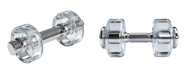 Two clear dumbbells on a dark setting