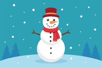 Fototapeta premium Cute snowman with red Santa hat and scarf smiling in the winter snow. Happy Christmas character illustration for holiday greeting card vector