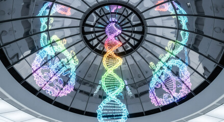 Low-angle view of colorful DNA double helix models in a futuristic laboratory setting with a metallic dome ceiling.
