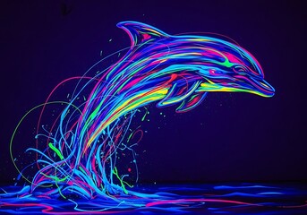 Luminous dolphin constructed from vibrant strokes of color in dark ocean