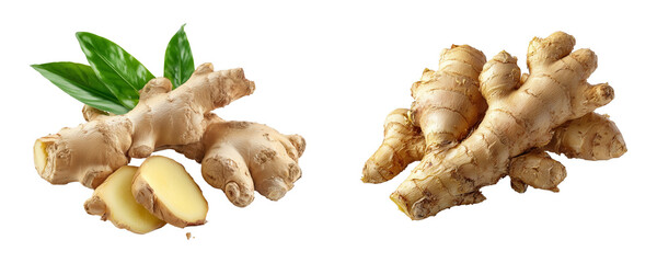 Fototapeta premium Two ginger roots with leaves and slices