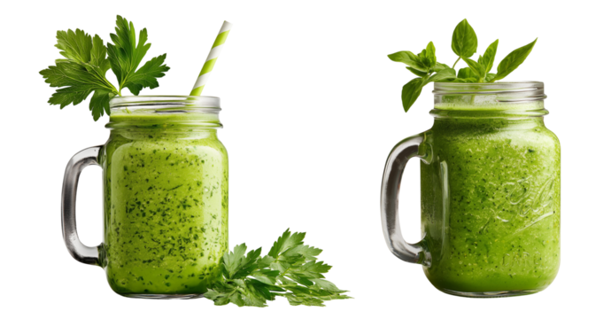 Two green drinks in mason jar mugs