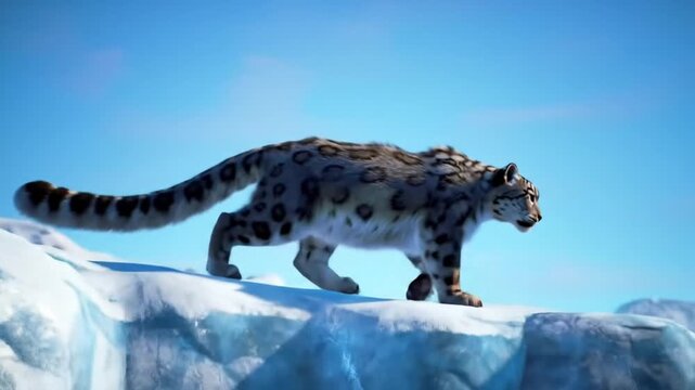 Snow leopard gracefully navigating a snowy landscape with icy mountains in the background