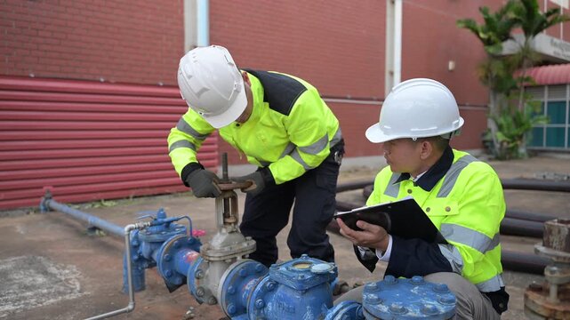 Two industrial workers in safety gear inspecting and maintaining water pump system outdoors, ensuring pipeline efficiency. Engineering teamwork for infrastructure reliability.