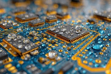 Close-up of a Circuit Board with Water Droplets on Microchips