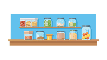 Organized kitchen pantry with glass jars and containers on shelves for food storage solutions idea
