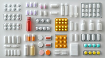 Set of different pharmaceutical packaging types,  