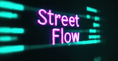 Obraz premium Bright neon sign displays Street Flow. Turquoise lines create dynamic background. Modern aesthetic, vibrant colors, dark setting.