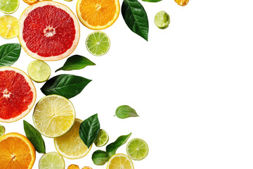 Citrus fruit slices and leaves on black background