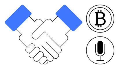 Handshake symbolizes partnership, Bitcoin represents cryptocurrency, and microphone signifies podcasting or communication. Ideal for business, collaboration, digital economy, finance, cryptocurrency