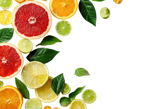 Citrus fruit slices and leaves on black background