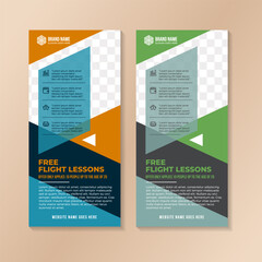 collection of abstract design a banner template for flight school. colorful abstract geometric roll up template design with space fir photo and infographic