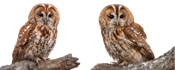 Two tawny owls perched on a branch