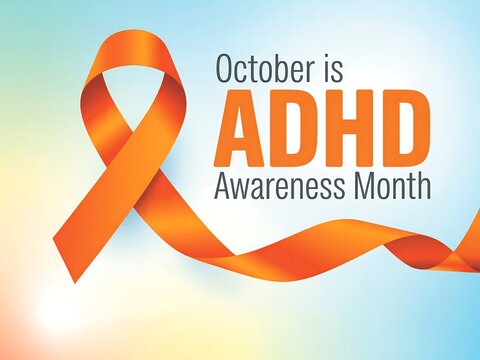 October is adhd awareness month with a prominent orange ribbon symbolizing support and education - Powered by Adobe