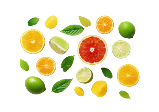 Citrus fruit slices and leaves