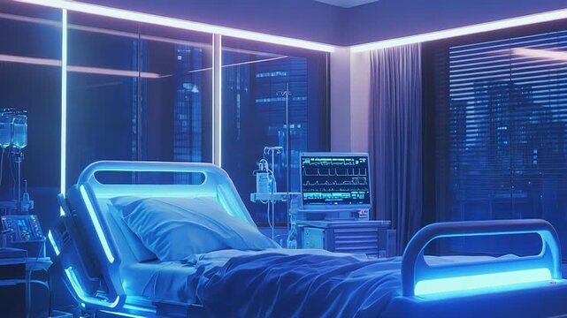 Futuristic hospital bed illuminating empty room with medical equipment and city view