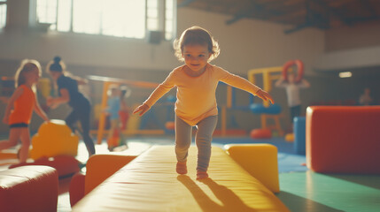 Energetic Toddler Balancing on Soft Play Equipment in a Sunlit Indoor Playground Setting with Other Children Around. Image made using Generative AI.