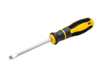 A  close-up  shot of a flathead screwdriver with a bright yellow and black handle.